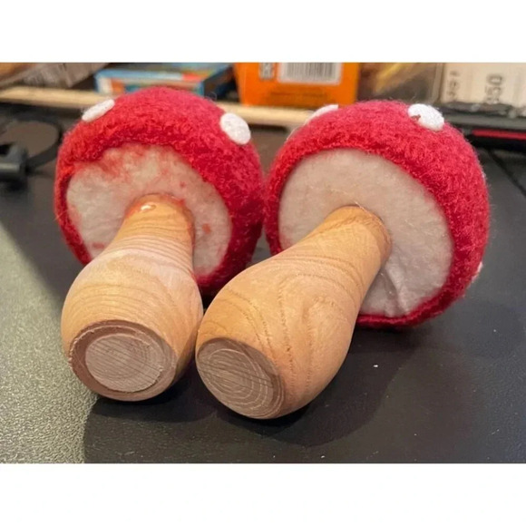 Red White Polka Dot Felt Wood Mushroom Toadstool Ornaments Christmas Set Of 2 #3 - Picture 2 of 5